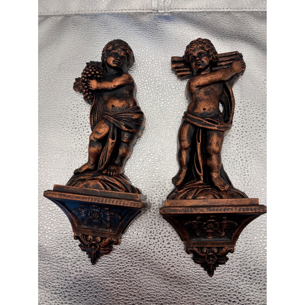 Vintage Coppercraft Guild Cherub Wall Shelves Pair Copper Faux Resin Corbel 7149